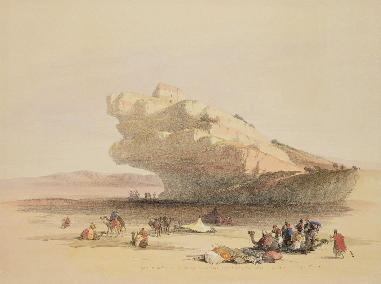 Approach to Petra, an Ancient Watchtower commanding the Valley of El Ghor, February 5th 1839, plate 93 from Volume III of 