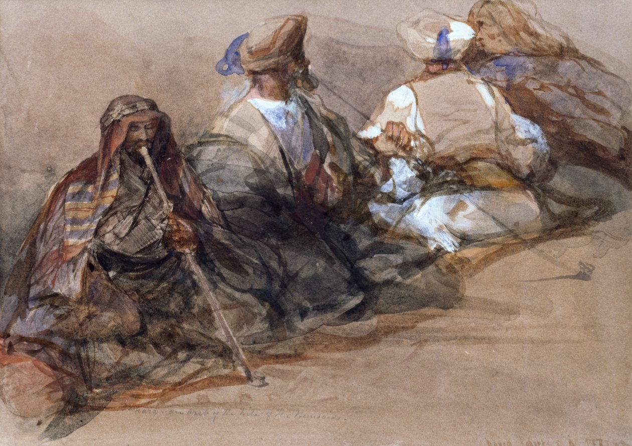 Group of Arab figures, two smoking a cubuk by David Roberts