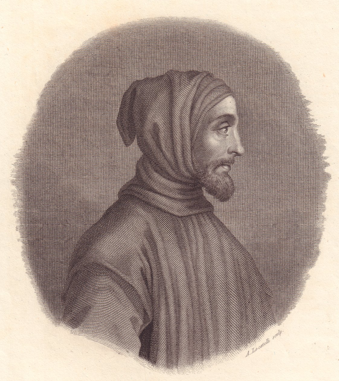 Portrait of Italian painter Cimabue, copper engraving by Locatelli from portrait by Simone Senese by John Ward Dunsmore