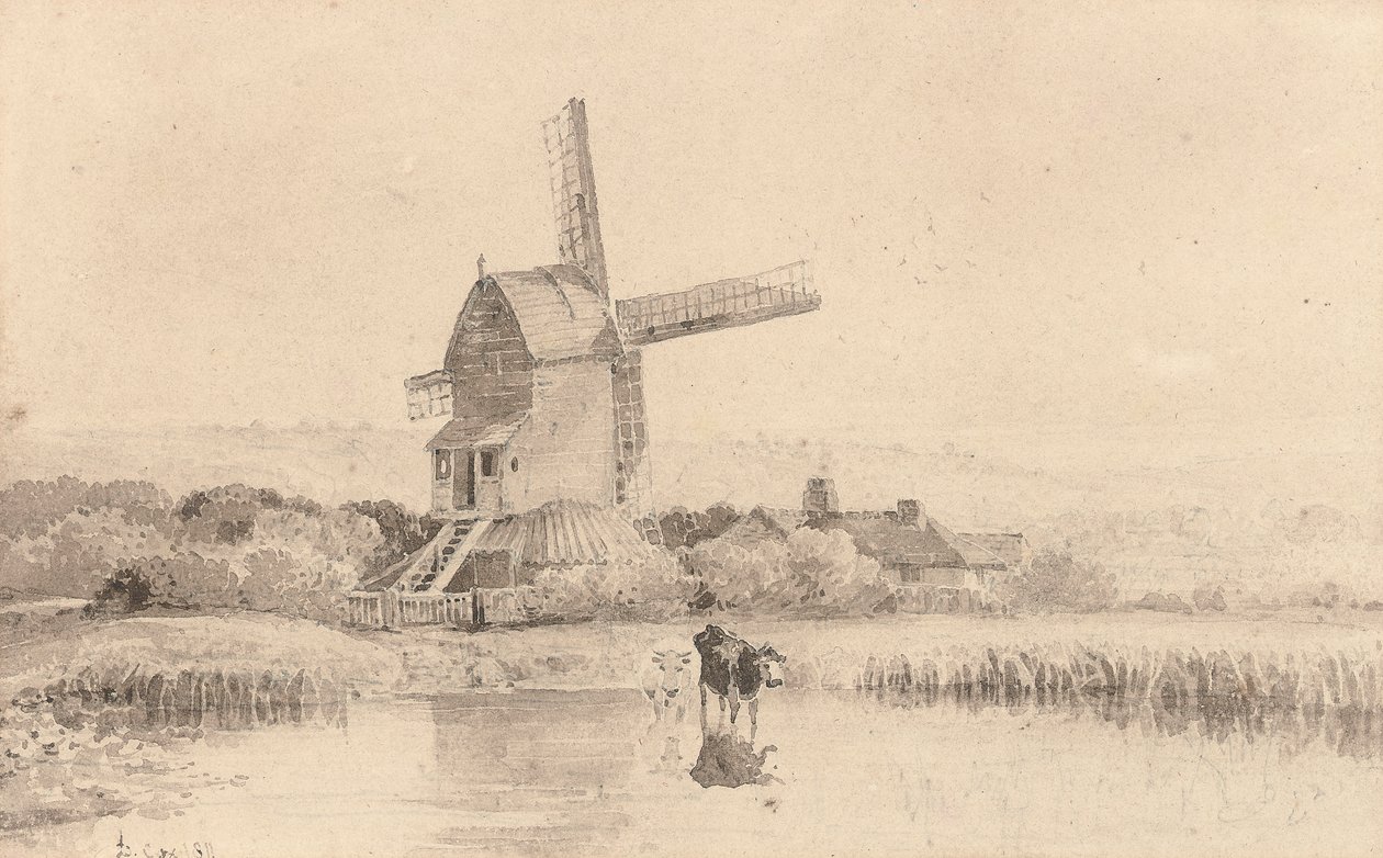 Cattle Watering by a Windmill on Dulwich Common by David Cox