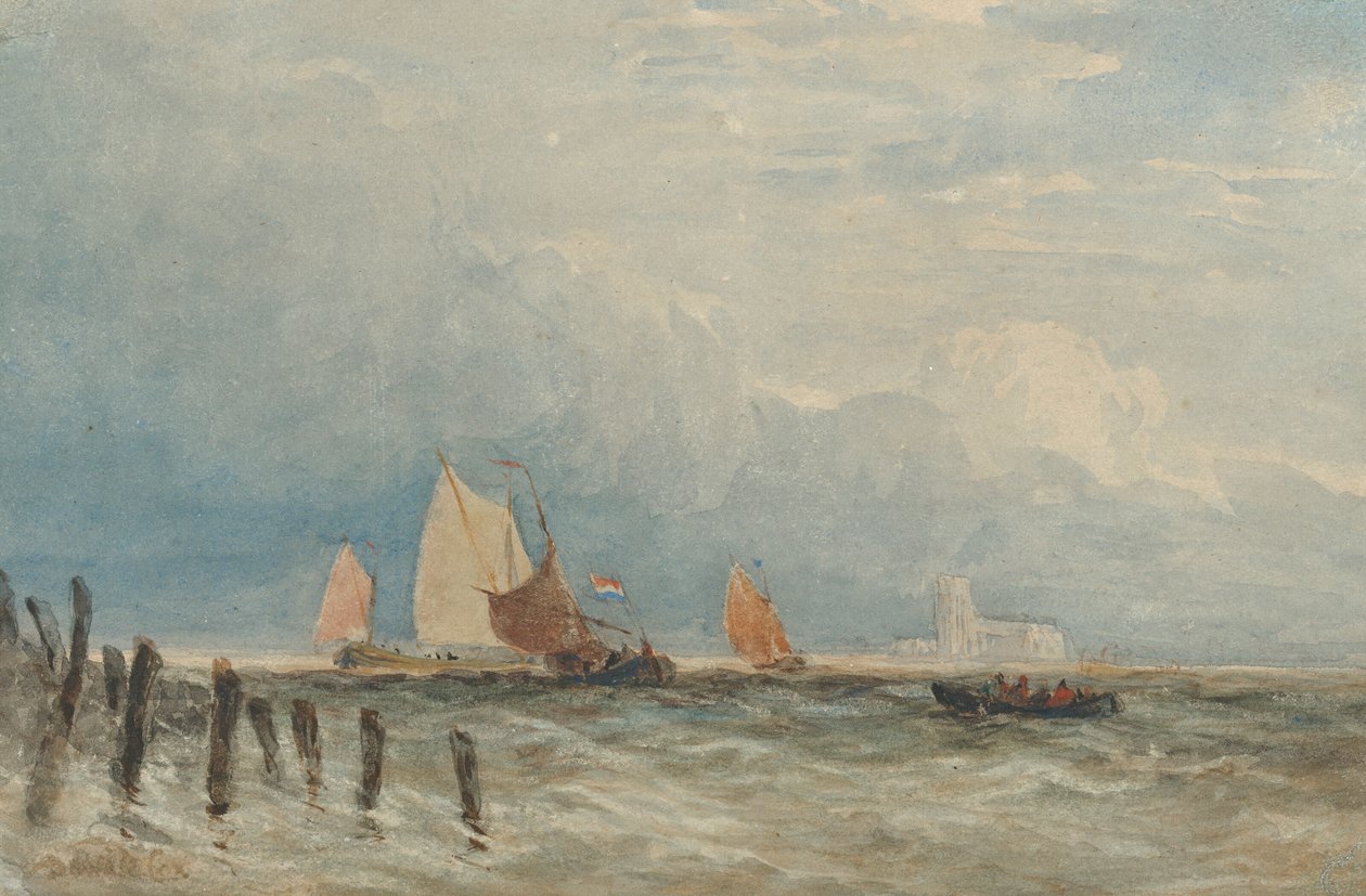 Dutch Fishing Smacks off the Coast, with Grote Kerk, Dordrecht in the Distance by David Cox