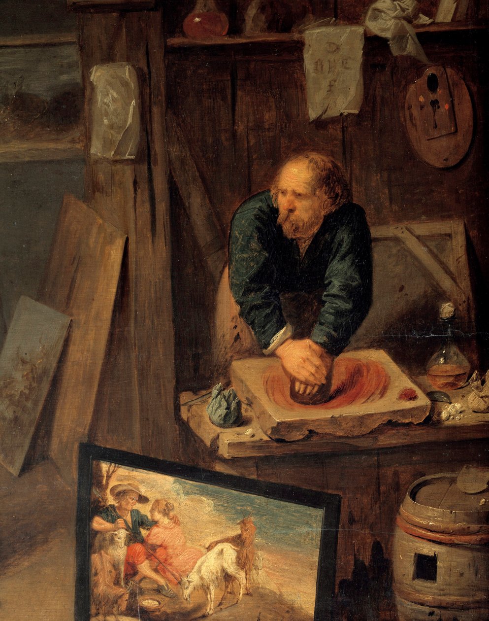 Painter workshop with model posing and color grinder (detail). Painting by David III Ryckaert by David III Ryckaert