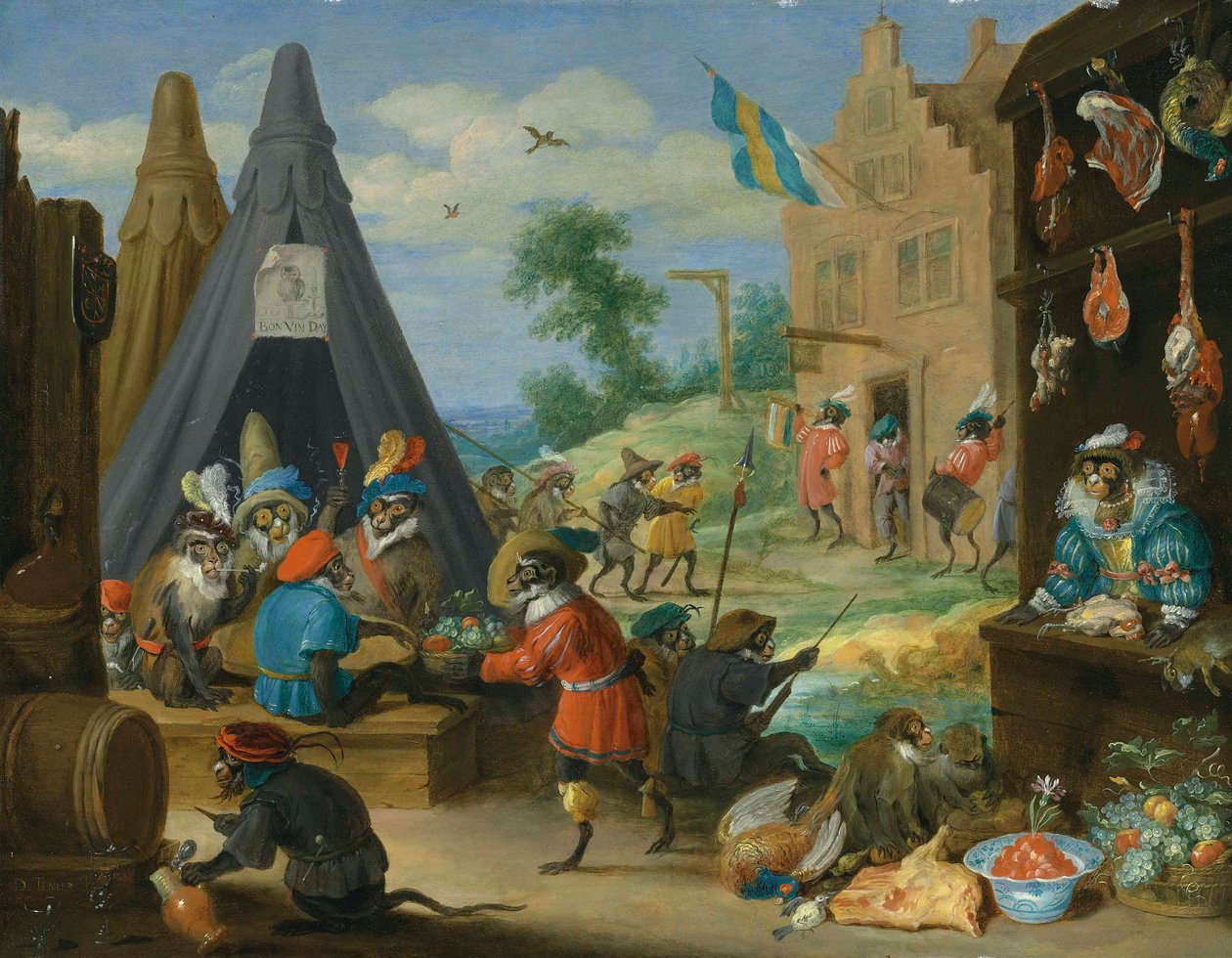 A Festival of Monkeys (Monkeys Dressed as Soldiers in an Encampment Near a Town) by David Teniers the Younger