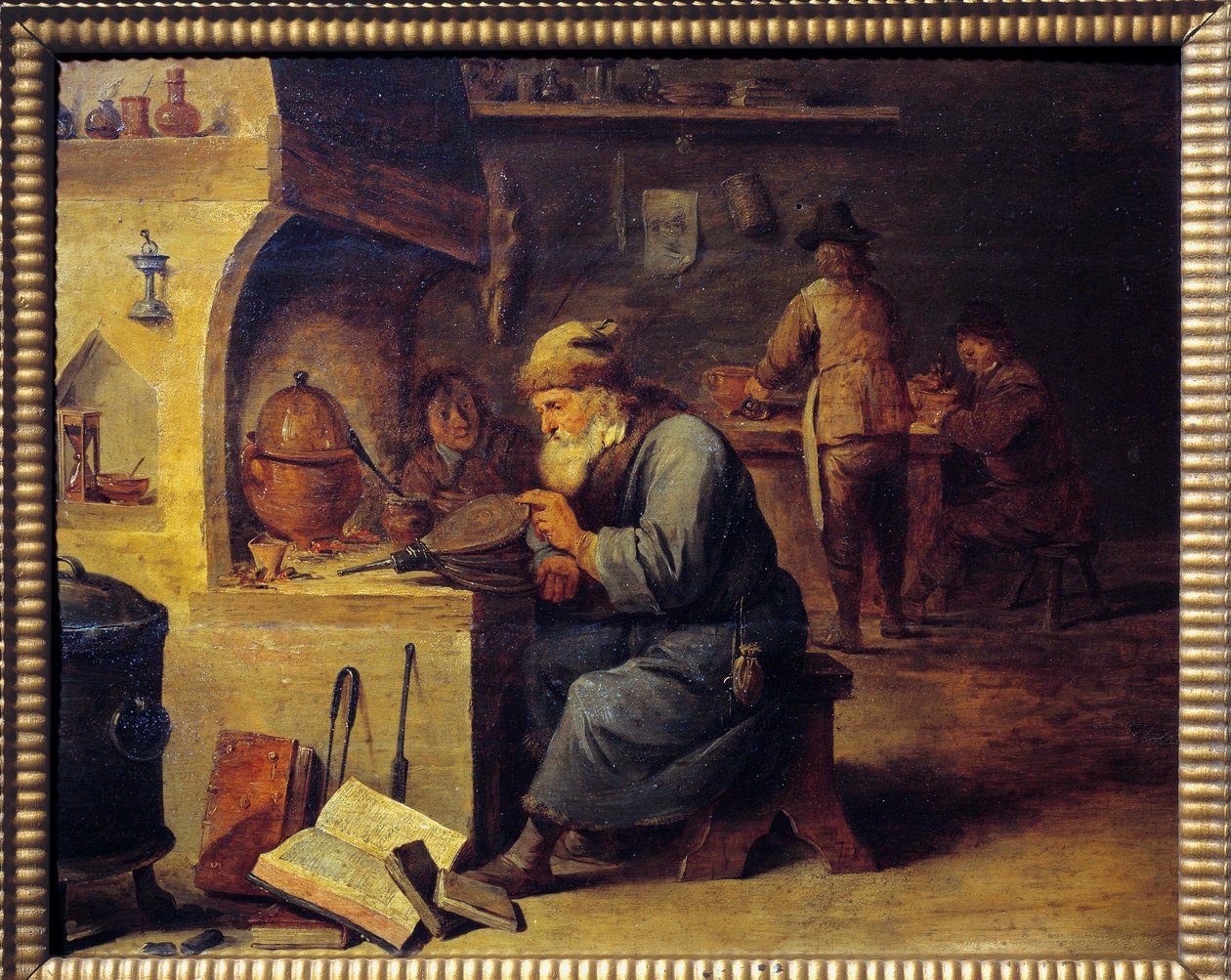 An alchemist. Painting by David Teniers II dit David Le Jeune (1610 - 1690), Ec. Flam by David Teniers the Younger