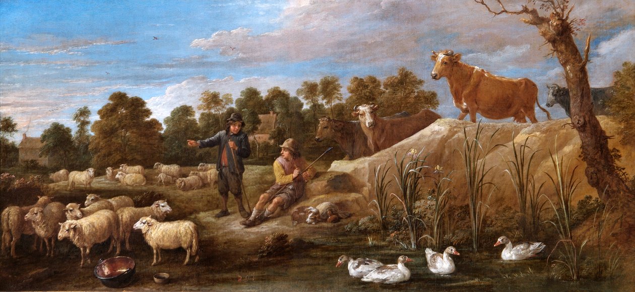 Landscape With Two Shepherds, Cattle and Ducks by David Teniers the Younger