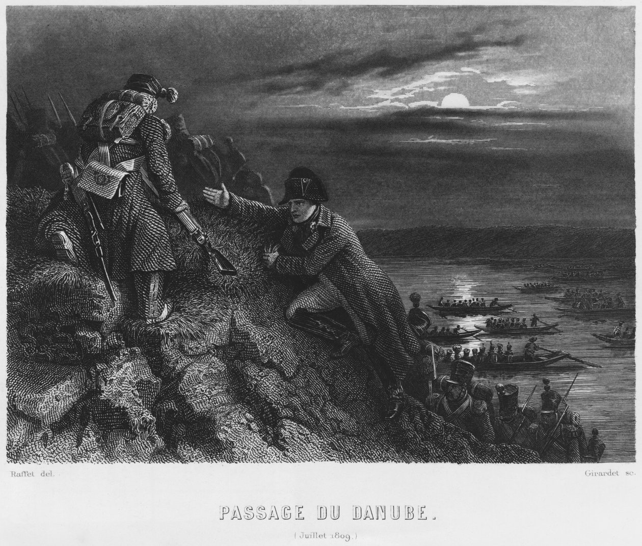 Napoleon I Bonaparte Crossing the River Danube During the Night of 4th July 1809, Engraved by Abraham Girardet by Denis Auguste Marie Raffet