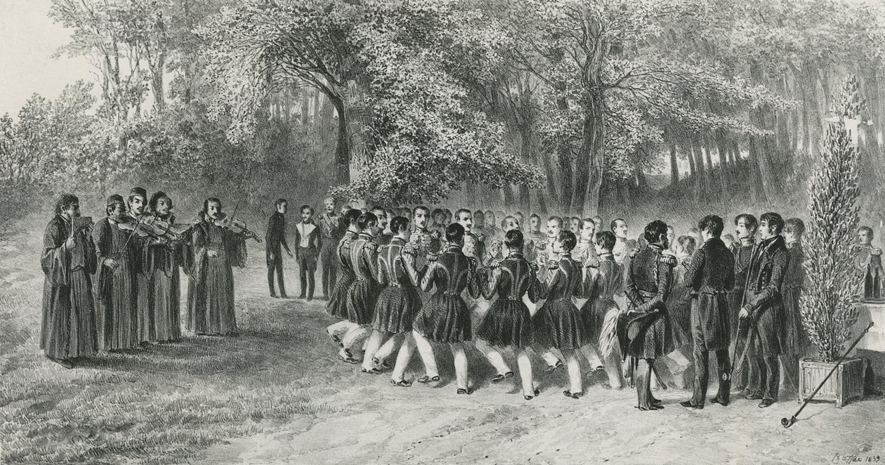 Wallachian Round, Performed by the Tsiganes and Danced by the Second Regiment Musicians at the Home of Prince Ghika, Ghospodar, Wallachia, 1839 by Denis Auguste Marie Raffet