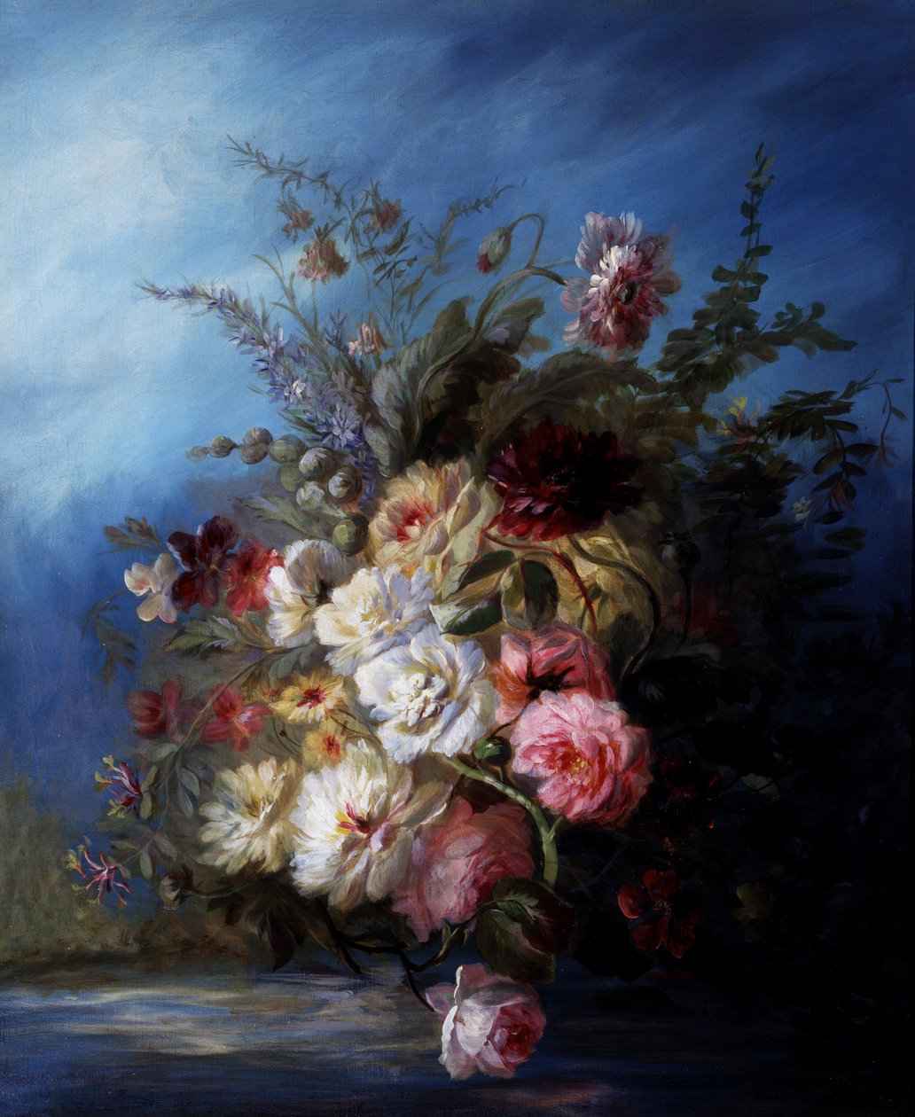 Still Life. Bouquet of flowers by the water with roses and tulips. Painting by Denis Pierre Bergeret. Private collection. by Denis Pierre Bergeret
