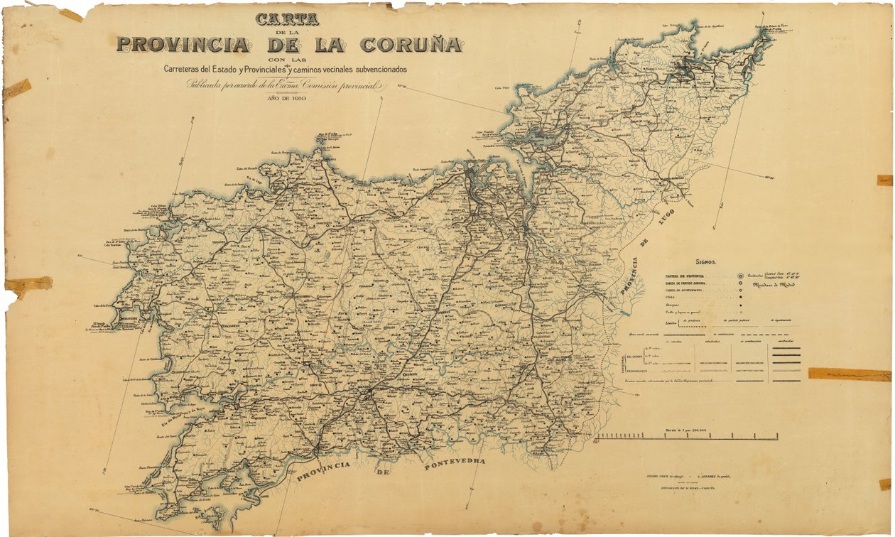 Map of the Province of Coruña with State and Provincial Roads and Subsidized Local Roads. Published by Agreement of the Provincial Commission by Deputación da Coruña