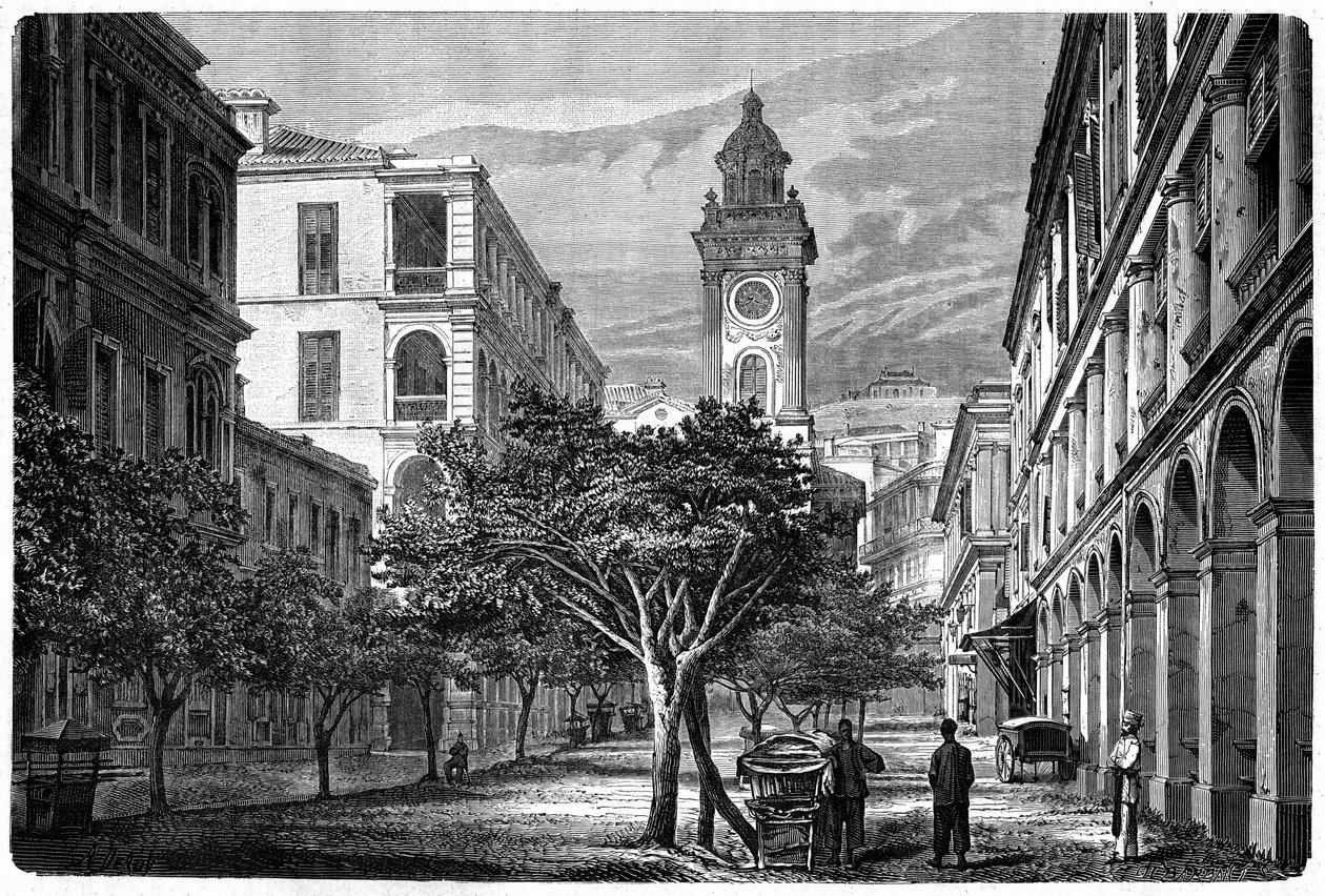 View of the Historic Hong Kong Clock Tower. Engraving after a drawing by Deroy, in Le Tour du Monde, Nouveau journal des Voyages by Deroy (after)