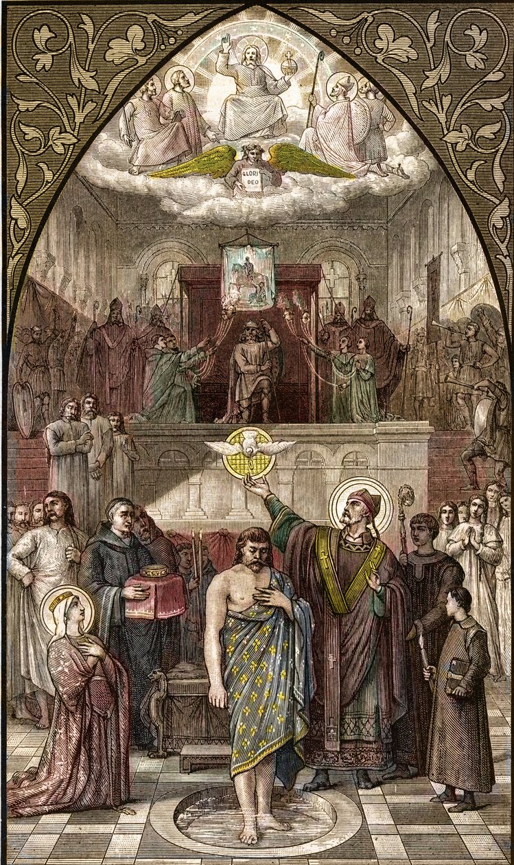 Saint Remigius baptizes Clovis in Reims - engraving after the painting by Desire Francois Laugee by Desire Francois Laugee