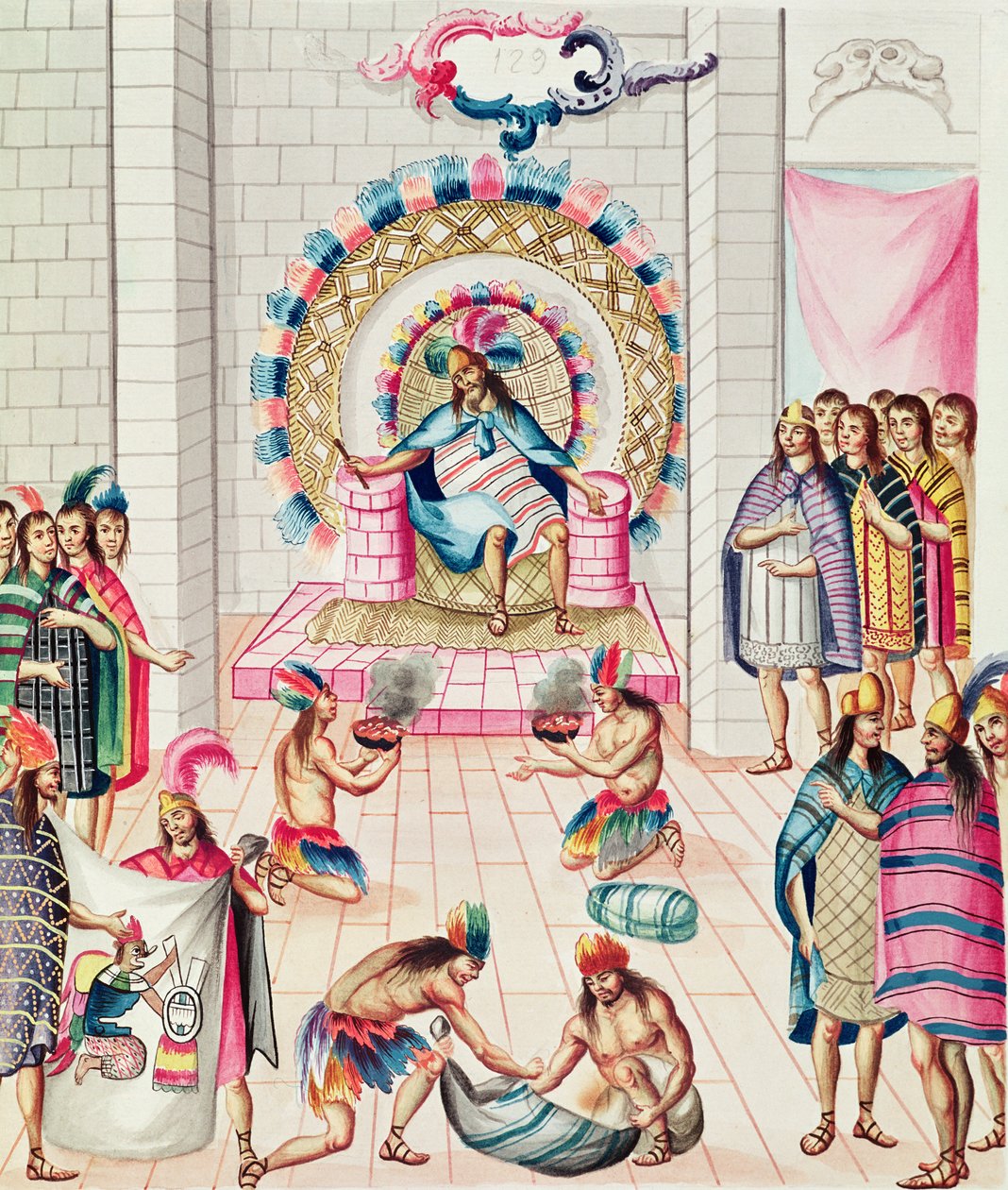 Tome 3 fol.129, Offerings to the King, from 'Teatro de la Nueva Espana ...