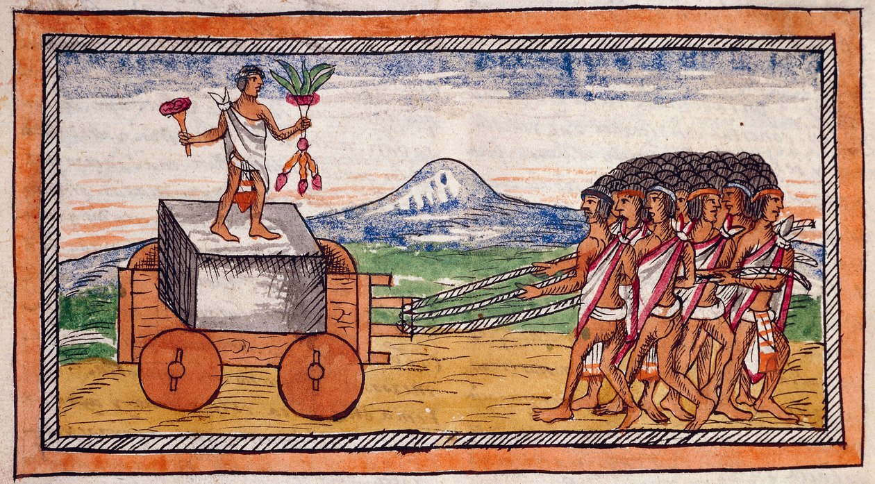 The Aztecs transporting stones to build their cities, stretch watercolor from the History of the Indies by Diego Duran, manuscript, folio 188 recto by Diego Duran