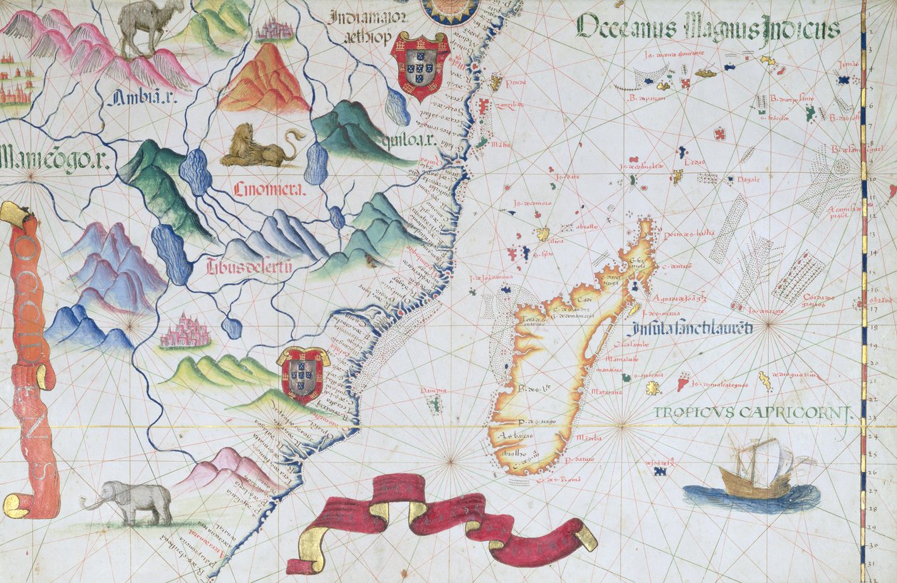 Madagascar and East African Coastline, detail from a world atlas, 1565 by Diego Homem