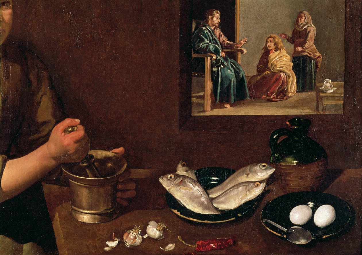 Kitchen Scene with Christ in the House of Martha and Mary (detail) by Diego Velázquez