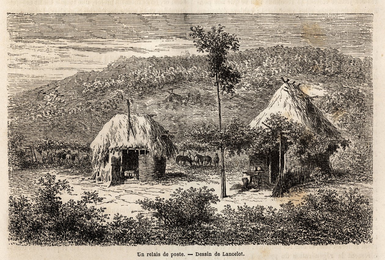 A post relay between Bucharest and Pitesti. Engraving to illustrate the voyage from Paris to Bucharest (Romania), in 1860, by Lancelot, designer, in 