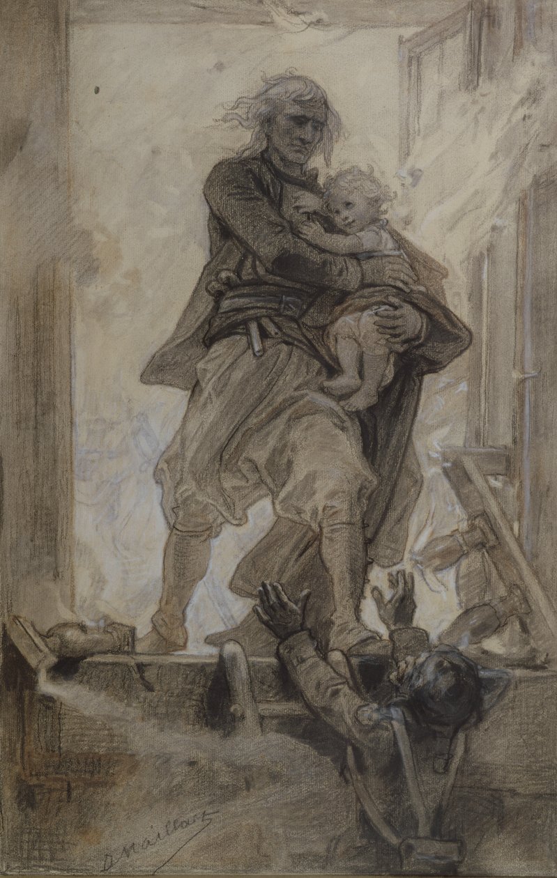 The Marquis of Lantenac saving a child, illustration from Quatre-vingt-treize by Victor Hugo by Diogene Ulysse Napoleon Maillart