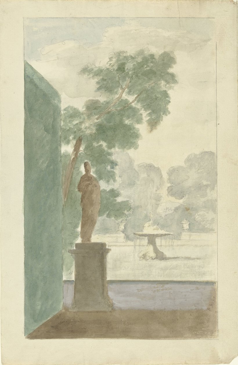 Design for a Wall Decoration in a Hall: View of a Garden with a Statue, Fountain and Urns by Dionys van Nijmegen (possibly)
