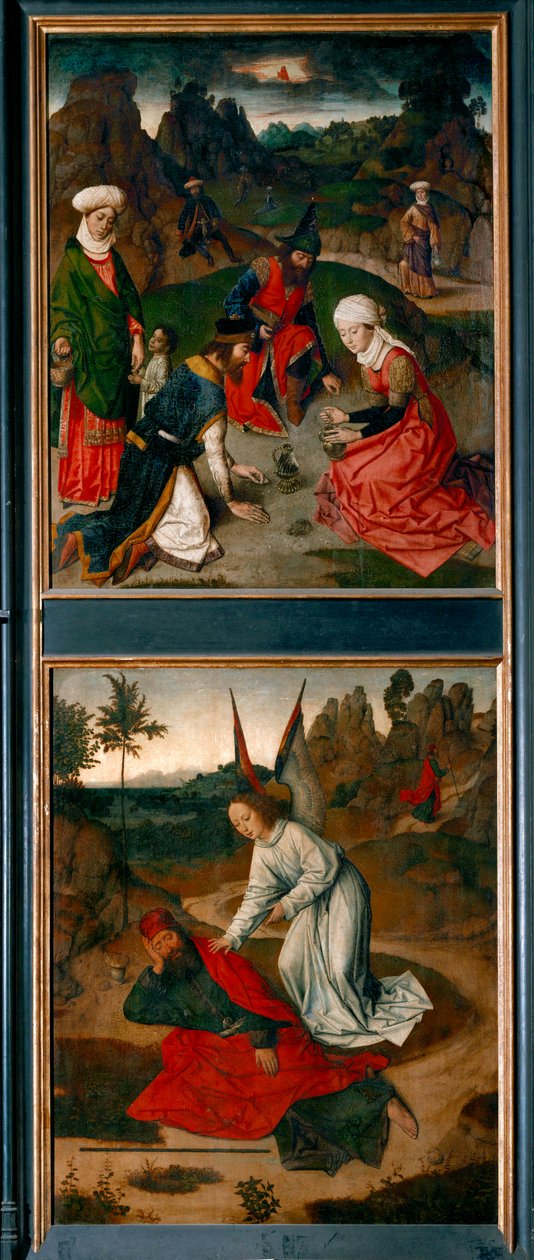 Altar of the Last Supper, Right Wing: Top: The Collection of Manna in the Desert Bottom: The Angel Wakes the Prophet Elijah by Dirck Bouts