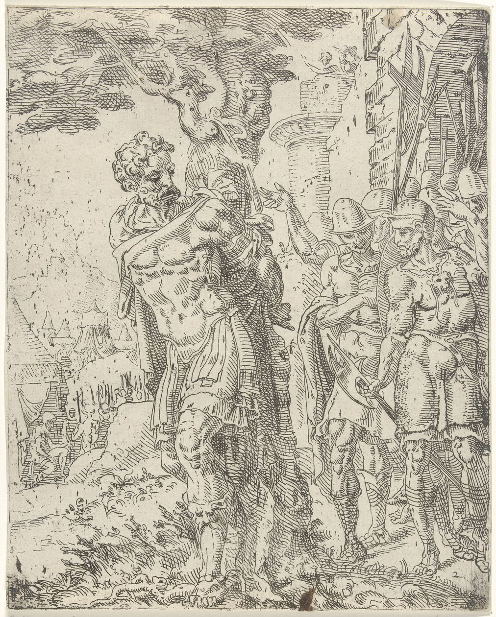 Achior Tied to a Tree by Dirck Volckertsz. Coornhert (attributed to)