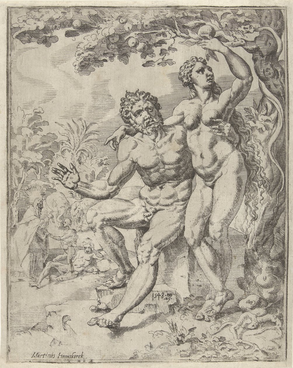 Adam and Eve Picking the Forbidden Fruit by Dirck Volckertsz. Coornhert (attributed to)