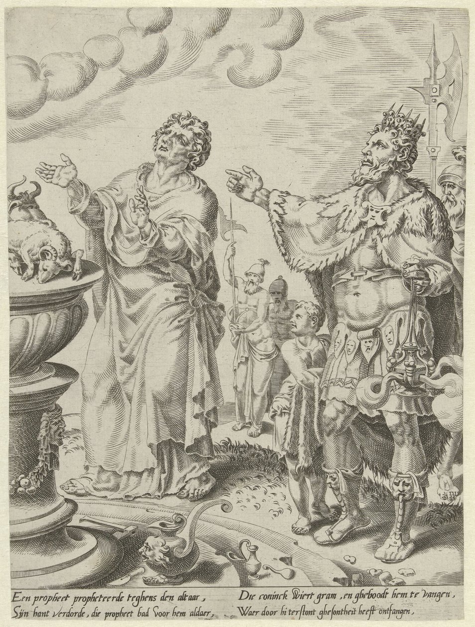 King Jeroboam and the Man of God at the Altar (Story of the Disobedient Man of God) by Dirck Volckertsz. Coornhert (attributed to)