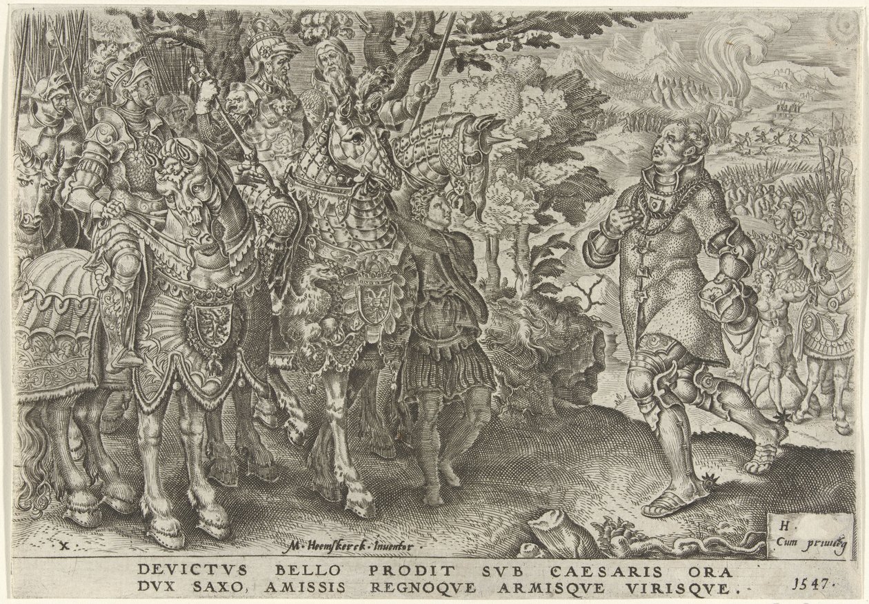 Surrender of the Duke of Saxony on the Battlefield of Mühlberg, 1547 Victories of Charles V (series title) by Dirck Volckertsz. Coornhert