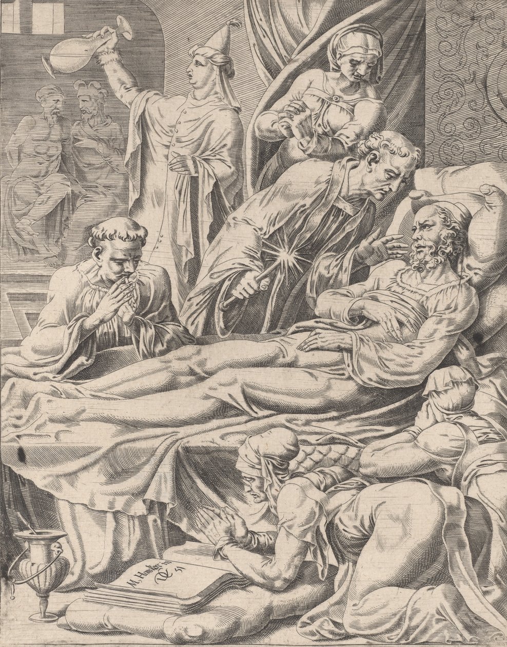 The Rich Man on His Deathbed, from The Parable of Lazarus and the Rich Man, plate 2, 1551 by Dirck Volkertsen Coornhert
