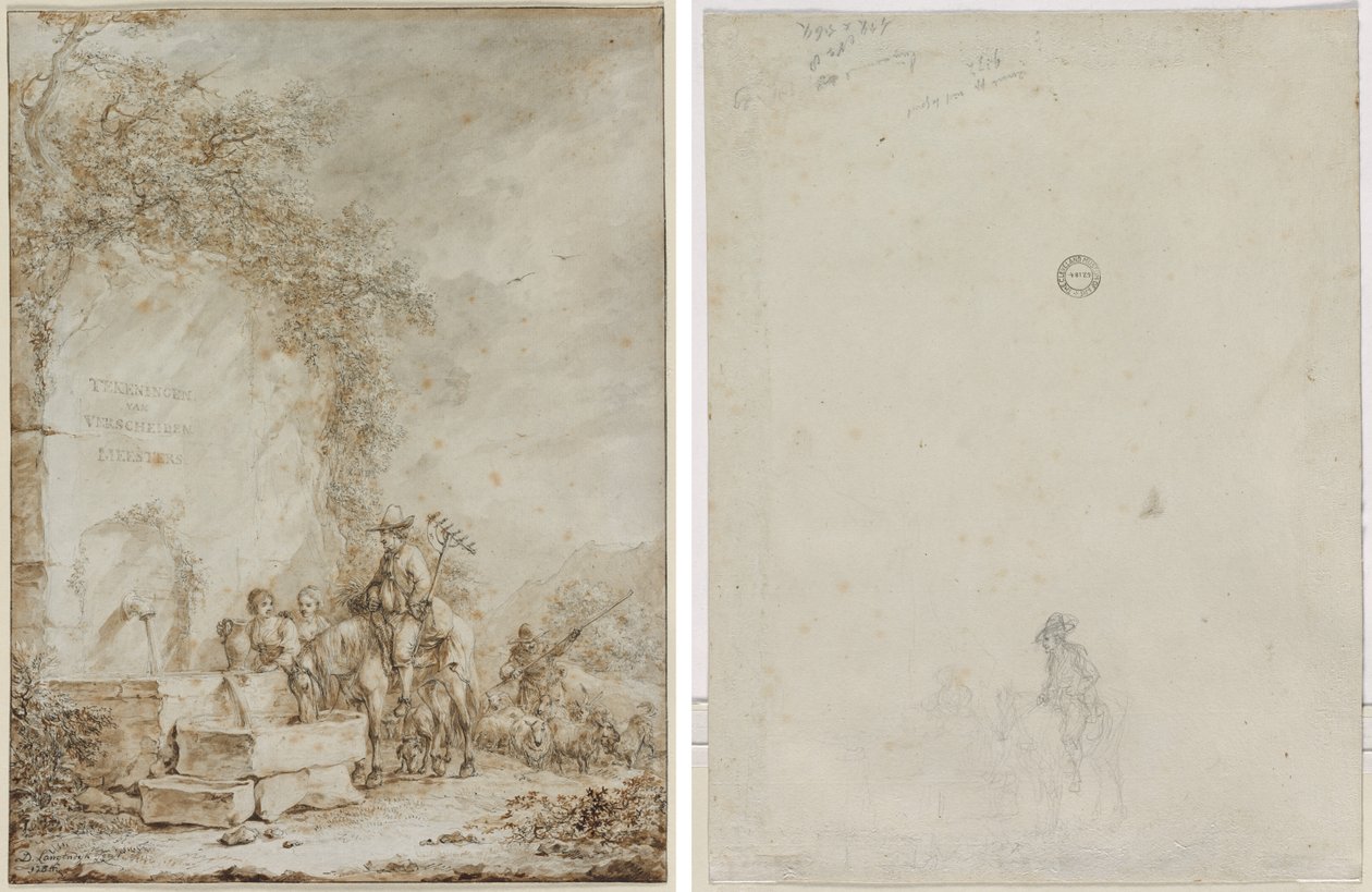 Frontispiece for an Album of Drawings: Peasants at a Fountain (recto) Sketch of Peasants at a Fountain (verso) by Dirk Langendijk