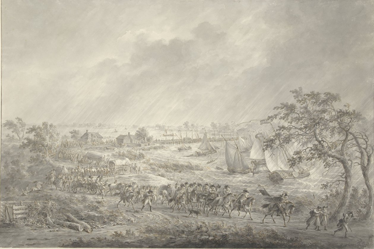 Crossing of the English and Hanoverian Troops from Nijmegen to Lent over the Ship Bridge over the Waal, 7 November 1794 by Dirk Langendijk