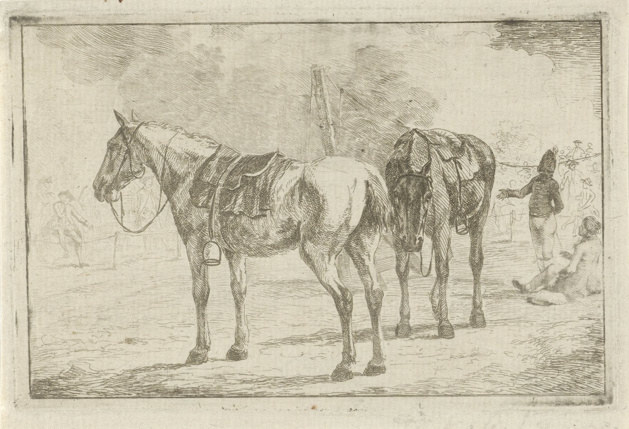 Two Saddled Horses by a Military Camp by Dirk Langendijk