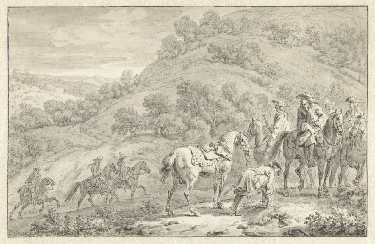 Mountain Landscape with a Dismounted Rider and Other Hunters on Horseback by Dirk Maas