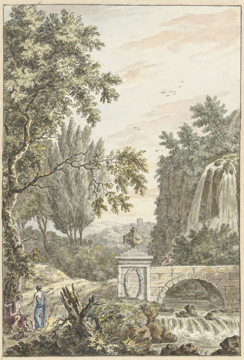 Arcadian Forest Landscape with a Waterfall, a Bridge, and Three Young Men by Dirk Versteegh