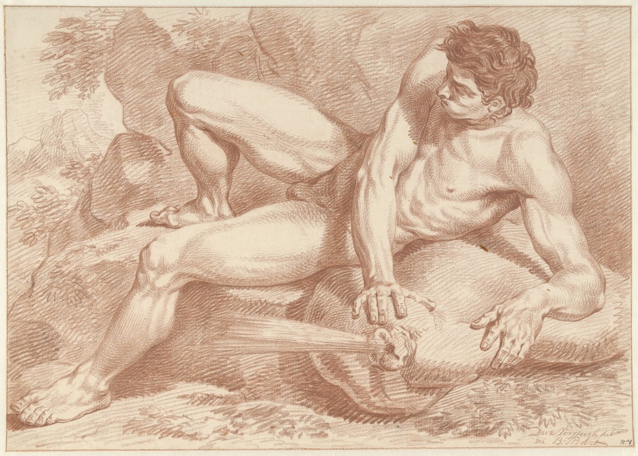 Reclining Male Nude on a Sack Blowing Air by Dirk Versteegh