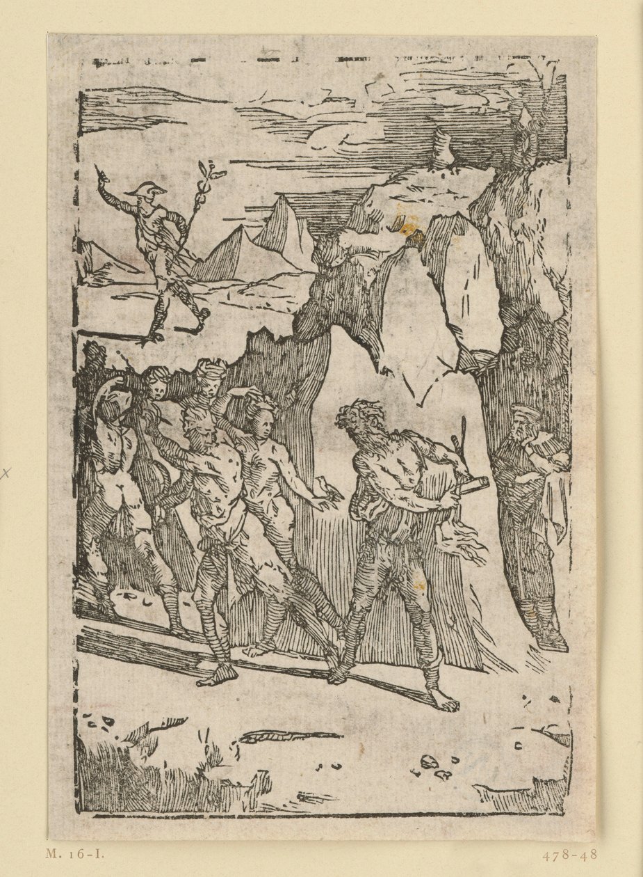 Allegory of Metal Extraction. The metals have left the interior of the mountain and flee as Vulcan (Hephaestus) urges them to follow him to the forge. From the series 