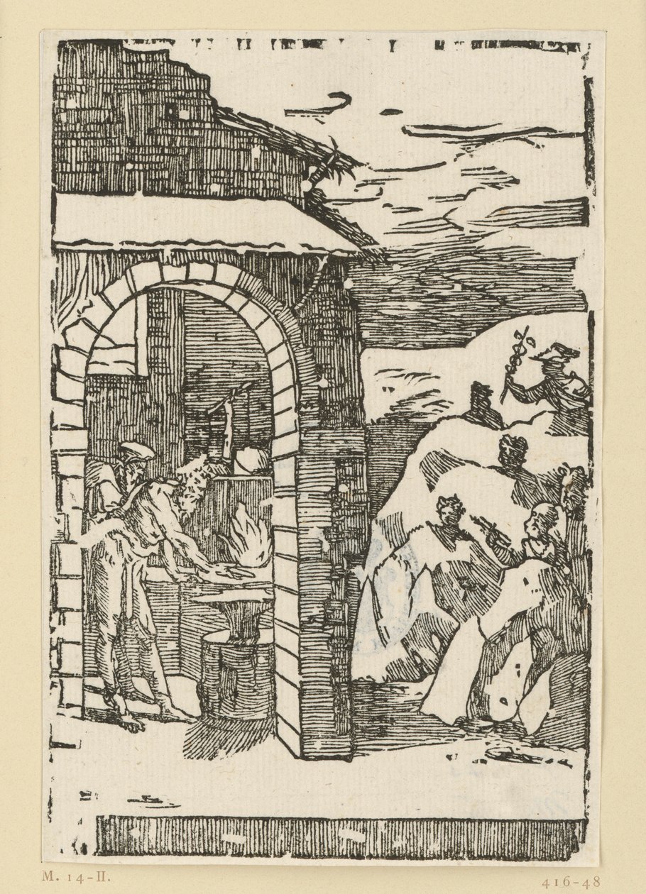 The Call of the Metals. Hephaestus (Vulcan) and a Scholar Stand by the Fire of a Forge, While Outside in the Rocks the Gods (as Representatives of the Metals) are Hidden: Saturn (Lead), Jupiter (Tin), Venus (Copper), Luna (Silver), Mercury (Quicksilver) by Domenico Beccafumi
