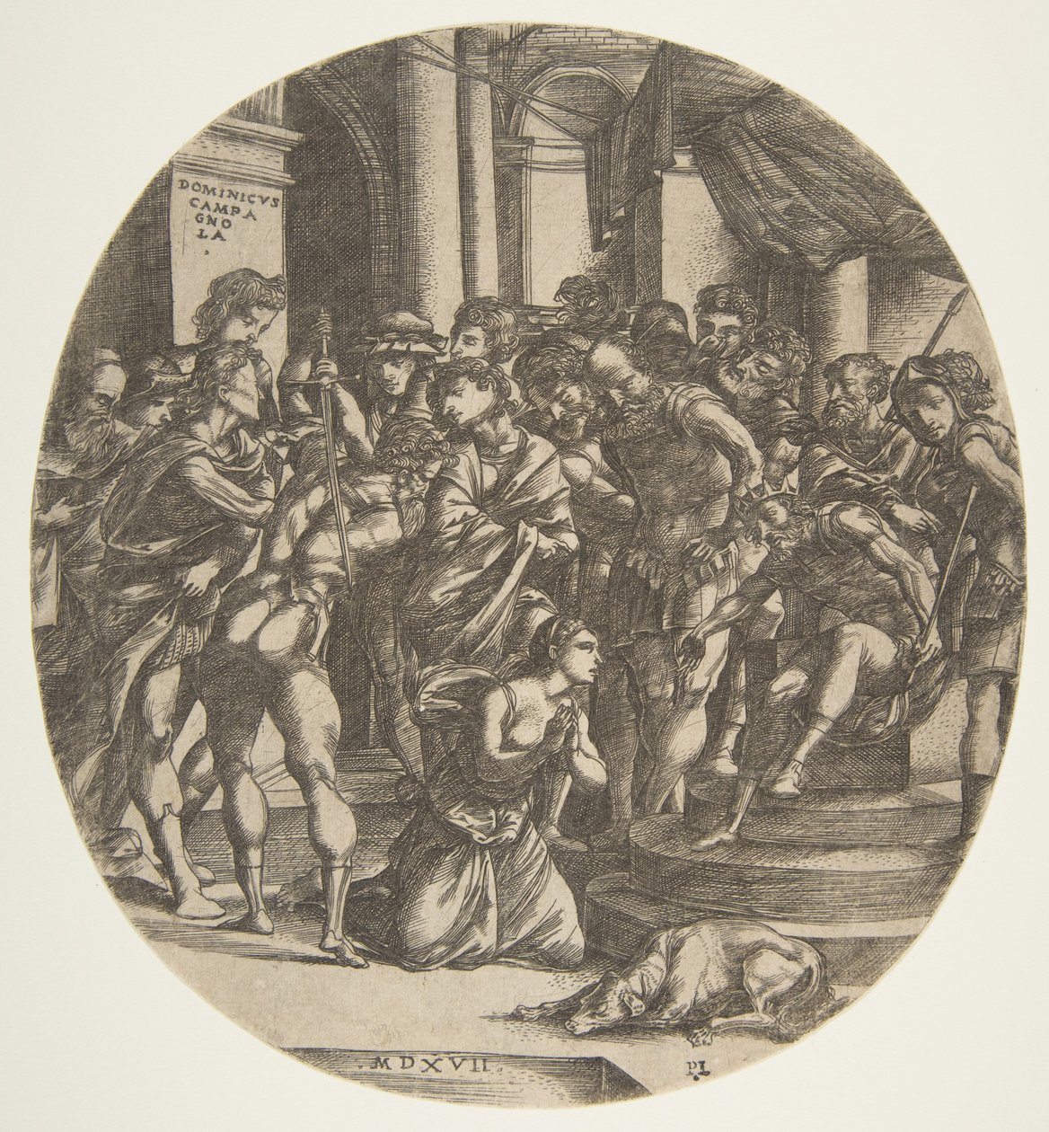 Female Figure Saint Catherine Kneeling on the Ground at Center Pleading to a Male Figure, 1517 by Domenico Campagnola