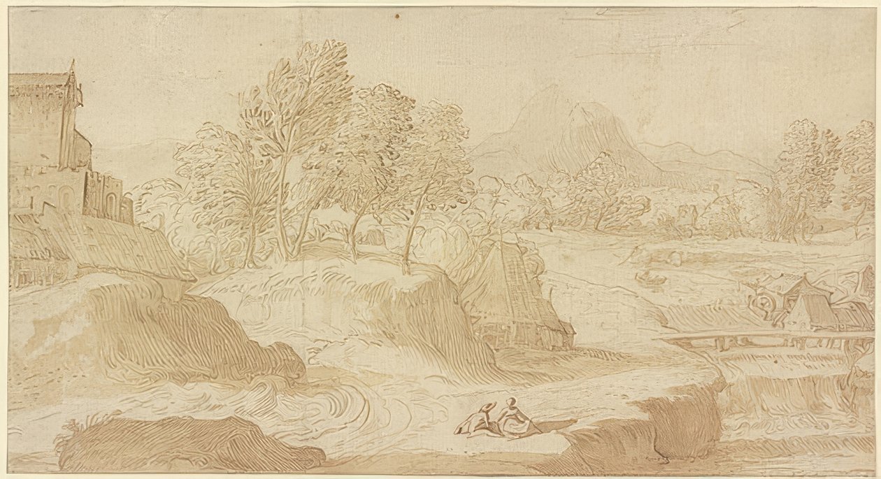 Figurative Landscape, Right a River with a Bridge near Mills, Two Seated Figures in the Foreground by Domenico Campagnola