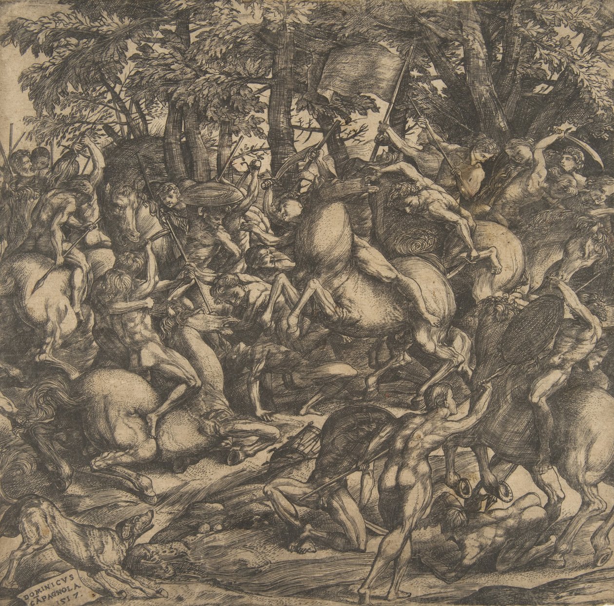 Group of Naked Men Engaged in Battle in a Wooded Landscape, Some on Horseback, a Dog at Their Feet, 1517 by Domenico Campagnola