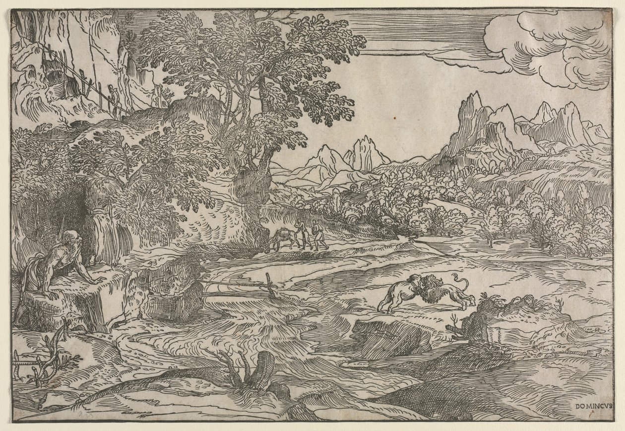Landscape with Saint Jerome and Two Lions by Domenico Campagnola