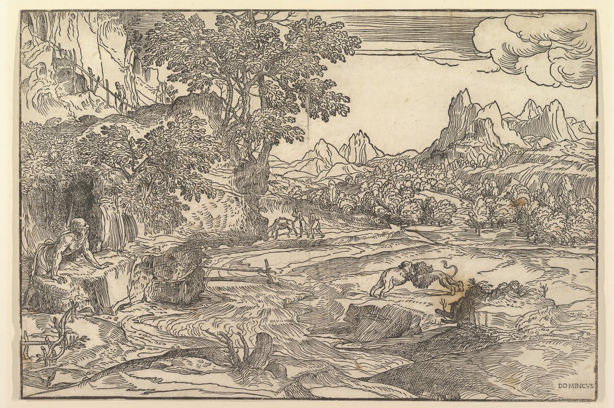 Landscape with Saint Jerome at left looking towards lion and bear fighting at center, ca. 1530-35 by Domenico Campagnola