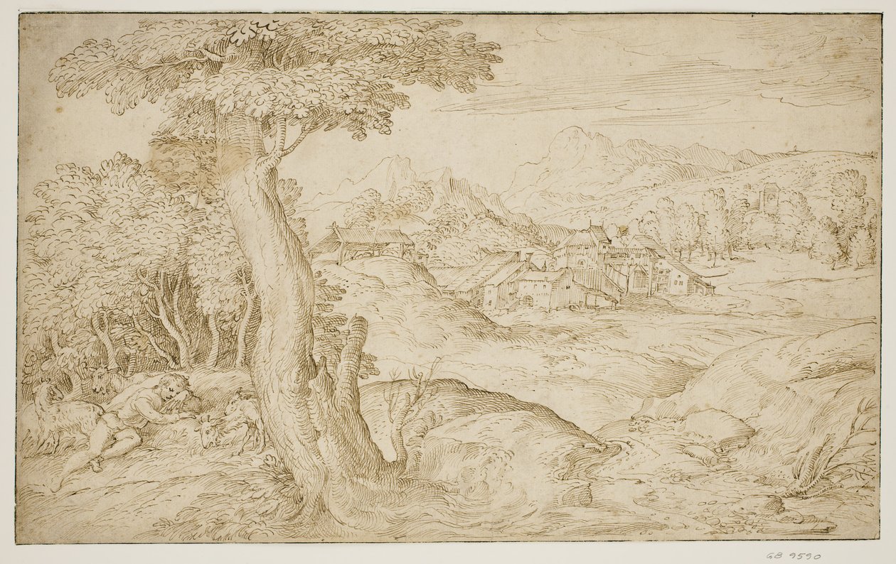 Landscape with a Town and a Sleeping Shepherd by Domenico Campagnola