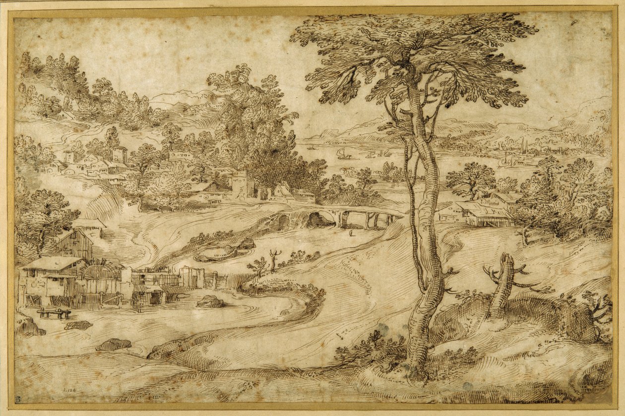 Landscape with a winding river by Domenico Campagnola