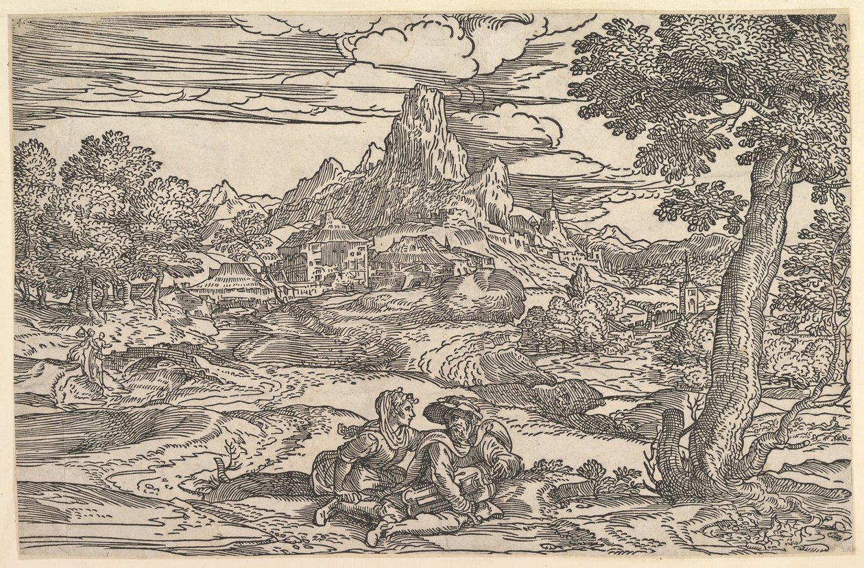 Landscape with a Woman Seated Next to a Man Playing a Hurdy-Gurdy by Domenico Campagnola