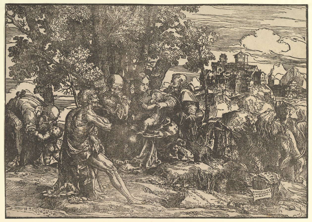 Mary Seated Beneath Trees with Baby, Flanked by Joseph at Left and St. Jerome at Right by Domenico Campagnola