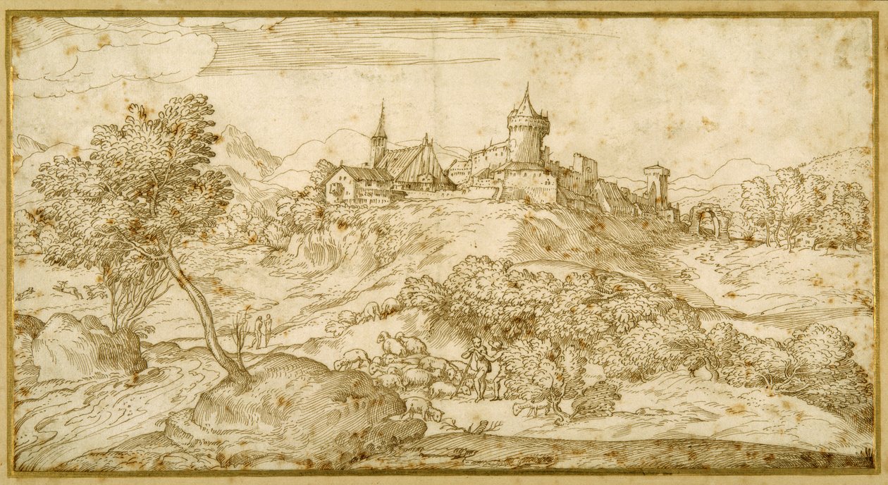Mountainous landscape with a walled hill town: a shepherd accosted as he tends his flock in the foreground by Domenico Campagnola