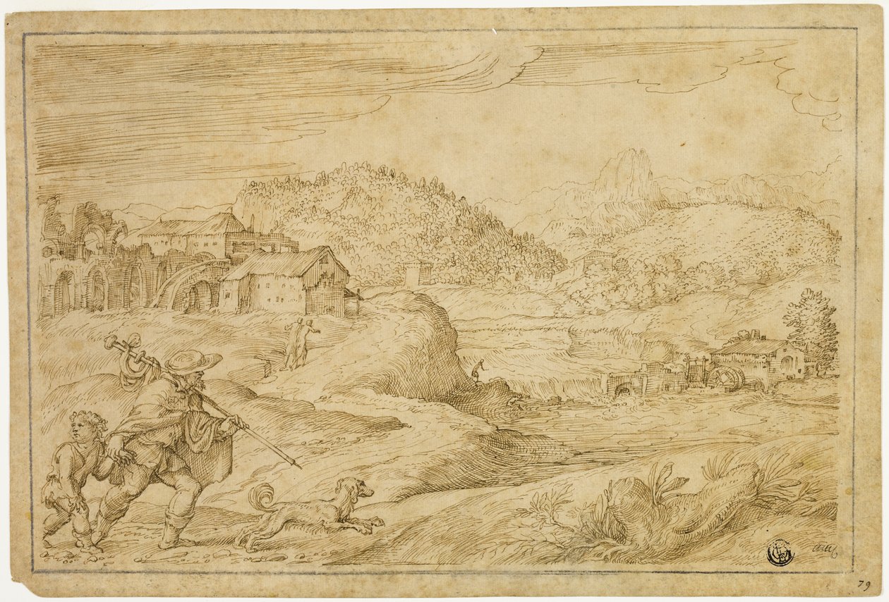 River Landscape with Saint Roch and a Child Traveling with Dog by Domenico Campagnola