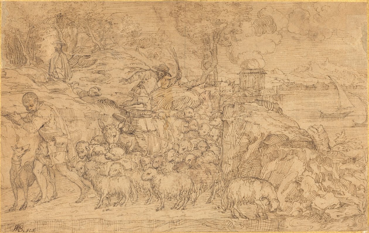 Shepherd Playing a Flute and Leading His Flock by Domenico Campagnola