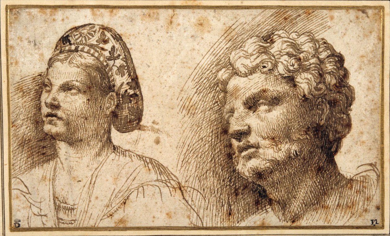 Study of the Head and Shoulders of a Young Woman Wearing a Balza, and of the Head of a Bearded Man by Domenico Campagnola
