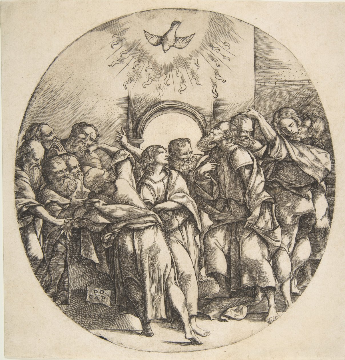 The Holy Spirit as a bird descending with spread wings at top center, the twelve Apostles, 1518 by Domenico Campagnola